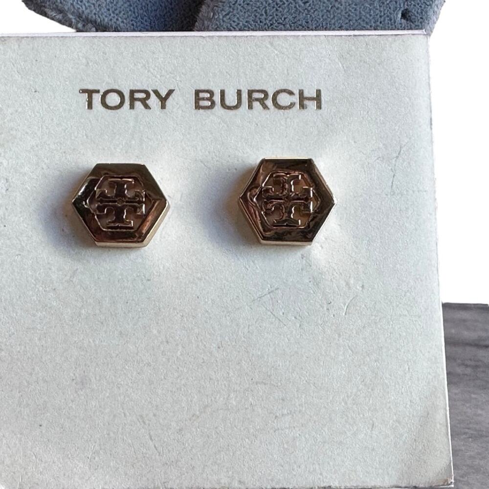 Tory Burch - Gold Hex-Logo Stud Earrings, NWT - Picture 3 of 8